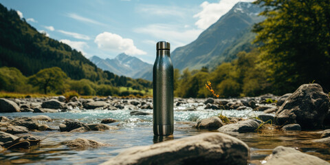 Steel eco-thermal bottle against the background of a river in the mountains. Generative AI