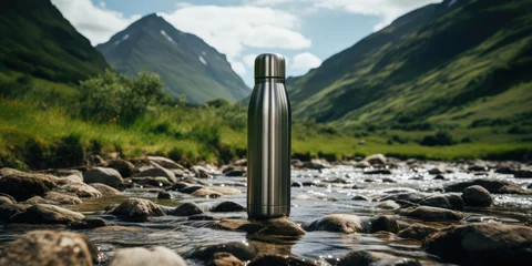 Poster Im Rahmen Steel eco-thermal bottle against the background of a river in the mountains. Generative AI © 22_monkeyzzz