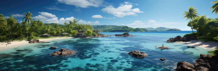 Obraz premium Eden's Echo: A Paradise Island Poster with Clear Water and Beach, Unveiling the Pristine Embrace of Nature's Secluded Serenity, Crafted by Generative AI