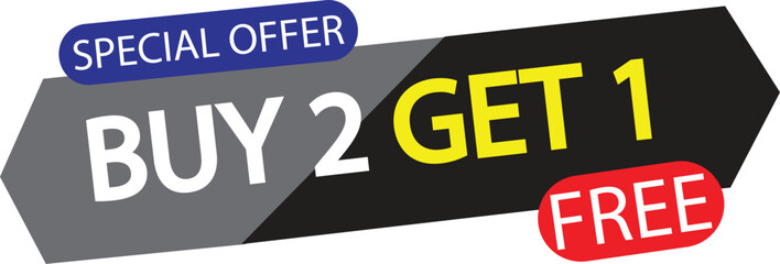 Buy 2, get 1 free. Special offer banner. Vector illustration. - obrazy, fototapety, plakaty