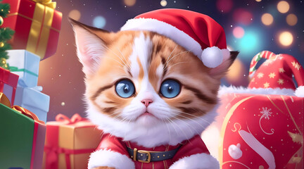 A calico cat wears a Santa Claus costume on Christmas day with beautiful decorations.