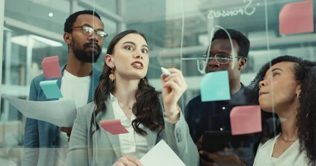 People, writing and notes on glass wall with teamwork, planning and creative brainstorming with information. Group, collaboration and schedule a strategy on board in office workshop with diversity