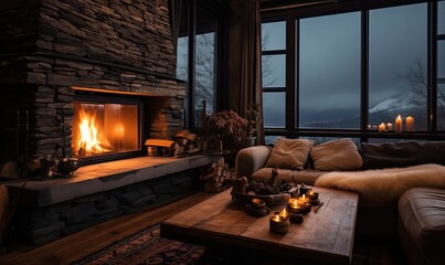 A Cozy Living Room With a Comfortable Sofa and a Warm Fireplace
