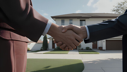 Sealing the Deal: A Close-Up Handshake Between Buyer and Seller in Front of a New House - Real Estate Success - real estate agreement