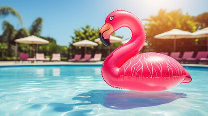 swimming inflatable ring in the pool, flamingo, summer, hotel, vacation, weekend, blue clear water, resort, aqua, lifestyle, party, park, beauty, sun, bright light, pink, fun, rubber toy - obrazy, fototapety, plakaty