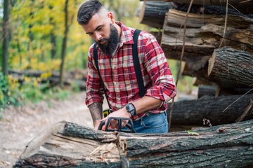 Action shot of the lumberjack in the woods, slicing through logs with a chainsaw, sawdust and smoke filling the air.