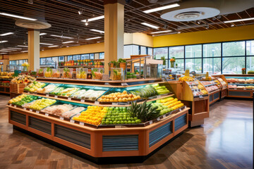 Obraz premium Modern grocery store showcasing fresh produce, ambient lighting, organized layout.