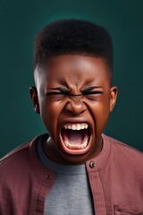 Requirements for parents. Angry irritated African American boy. Full of rage. Emotional portrait of an upset preteen boy screaming in anger. Wrong perception. Hysterics.