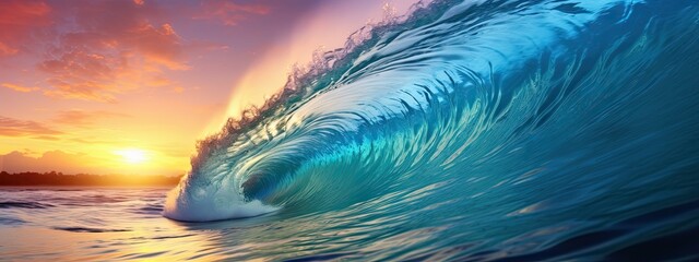 Giant blue ocean wave breaking on tropical coast at sun - obrazy, fototapety, plakaty