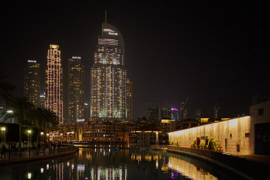 Skyscrapers and hotels at the waterfront of Burj Khalifa lake in the downtown. Dubai, UAE - 2 February, 2020