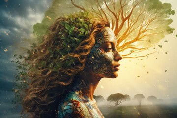 Woman Embracing Nature's Beauty With a Tree on Her Face Generative AI