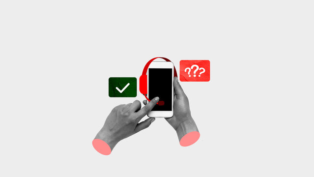 Hand holding phone with red and green card with question and check marks, meaning choice and decision. Contemporary art collage. Concept of support, office, call center, profession, communication