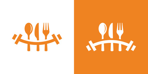 logo design combining the shape of a fitness barbell with eating equipment. fitness food.