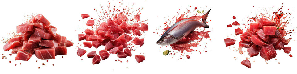 Falling pieces of raw tuna Hyperrealistic Highly Detailed Isolated On Transparent Background Png File