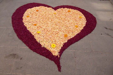Italia, Umbria, il paese di Spello, l'Infiorata. Un cuore disegnato con i petali di fiori. - 679253872