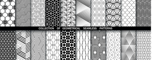 Geometric set of seamless black and white patterns. Simple vector graphics