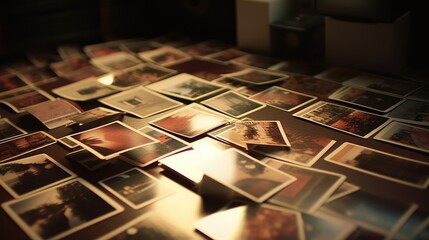 A table full of photography collection print. Capture memory print. - obrazy, fototapety, plakaty