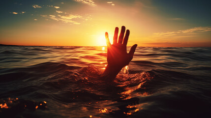 Two hands sticking out of the water. Lost at sea drowning.
