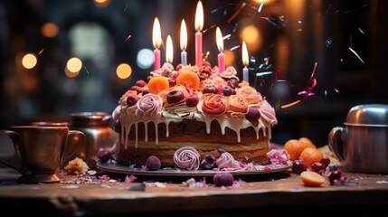 Birthday cake flower decoration with a lot of candle and fruit toppings.