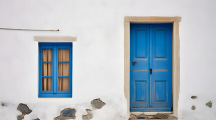 Old ancient colorful textured door and window in a stone wall in Greece, Oia, Santorini. Vintage...