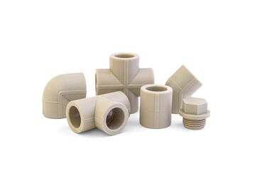 Set of fittings for polypropylene pipes isolated on white background.