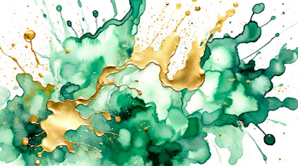 Jade green and gold paint splatter on white background. Generative ai - obrazy, fototapety, plakaty