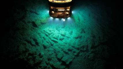 Fotobehang High-powered lamp illuminating a deep underwater exploration scene © Wirestock
