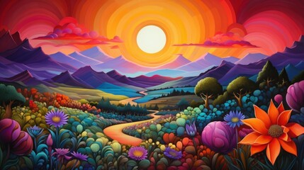 Vibrant fantasy landscape with whimsical trees, colorful rolling hills, quaint houses, and a radiant sunset sky in stained glass technology. Fantasy, creativity, and dreamlike tranquility concept
