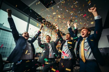A group of people at work emotionally celebrate a victory. Happy office employees and confetti. AI generative