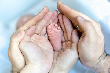 a man holds a newborn in a hospital bed with two hands