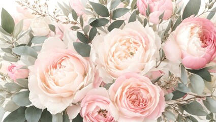 Watercolor Painting Banner, Background. Breathtaking Bouquet Of Delicate Pink Flowers, Roses, And Lush Eucalyptus Greenery. 