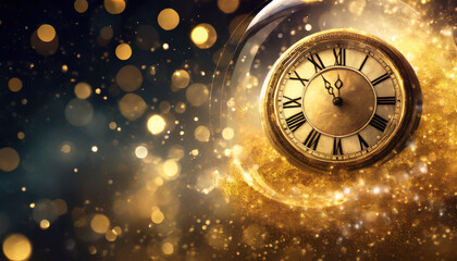 Vintage clock face over golden bokeh background. New Year concept - AI generated illustration - 679256495