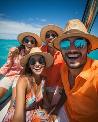 Group Of Friends Having Fun On Yacht, Wearing Sunglasses And Hat