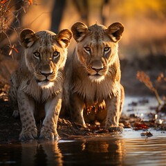A image of Lion couple at sunrise in Kruger National Park South Africa Specie Panthera leo family of Felidae. Generative AI