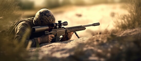 Sniper squad. Complete combat equipment. sniper rifle, camouflage uniform, ballistic vest sniper aiming at target. Masked sniper. - obrazy, fototapety, plakaty