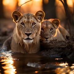 A image of Lion cubs at sunset in Kruger National Park, South Africa Specie Panthera leo family of Felidae Generative AI