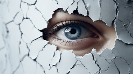 Close-up of a person peering through a hole in a white surface. Privacy, surveillance, Seclusion, Confidentiality, Isolation or intrigue concept.
