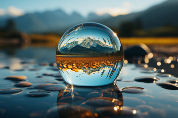 Reflection of mountains in crystal ball on water surface at sunset.