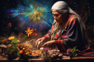 Grandmother ayahuasca preparing ingredients for a ceremony trip.