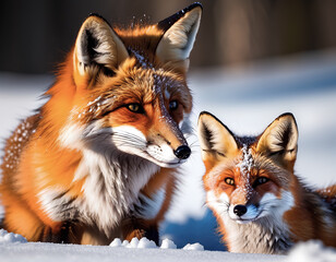 Portrait of Fox and Fox Cub in the Snow
