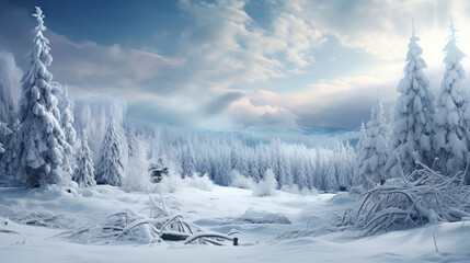Winterwunderland mit schneebedeckten Bäumen und sanften Wolken, Weihnachten - obrazy, fototapety, plakaty