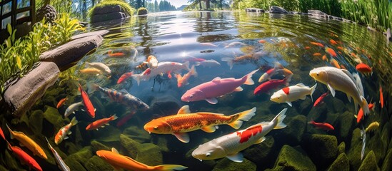 Underwater fish decorative river pond. Koi aquarium with colorful view of natural clear water photo
