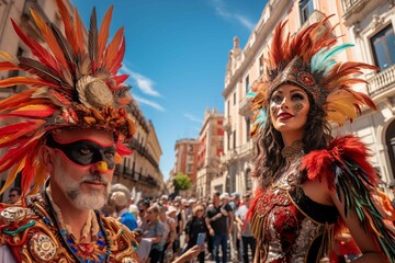 Group Of People Enjoying Carnival On City Streets In Spain