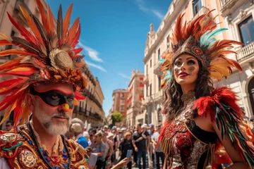 Fotobehang Group Of People Enjoying Carnival On City Streets In Spain © jorge