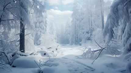 Winterwunderland mit schneebedeckten Bäumen und sanften Wolken, Weihnachten