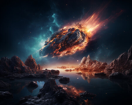 Science Fiction Szene - abst&uuml;rzender Asteroid oder Planet 