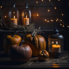 Thanksgiving — Pumpkins On Rustic Table With Candles And String Lights
