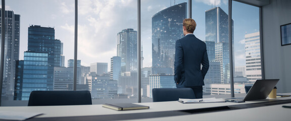 Caucasian Businessman Entering His Corner Office With Big City Megapolis View. Male Digital...