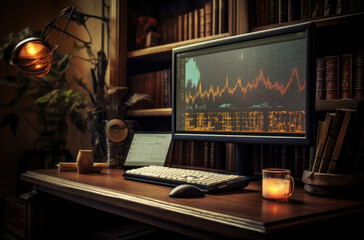 Desktop Computer Monitor with Finance Statistical Data Software and Progressive User Interface Standing on the Desk in the Modern Business Office. In the Background Glass Wall with Big City Office.