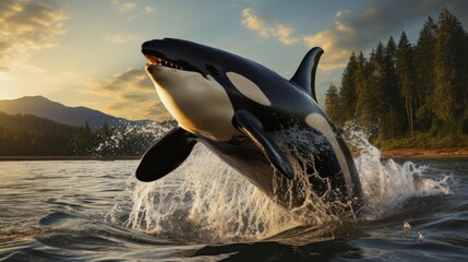 Fototapeta premium biggs orca whale jumping out of the sea